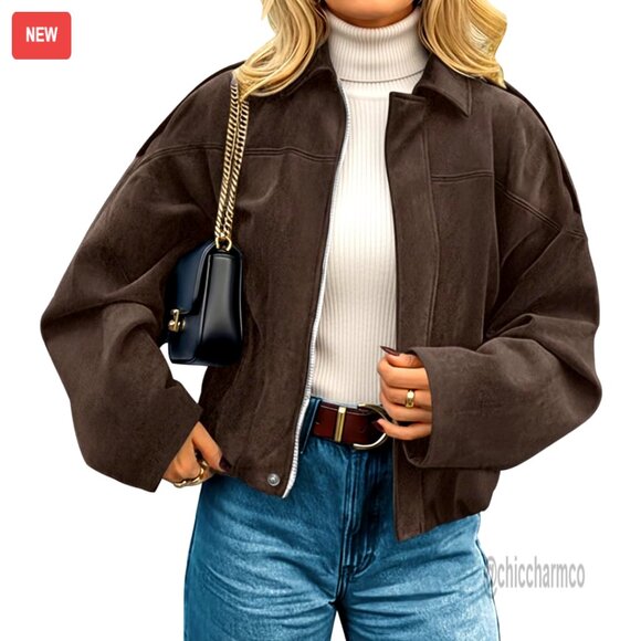 Jackets & Blazers - Faux Suede Cropped Jacket Open Front Casual Outerwear Women's Fall Winter